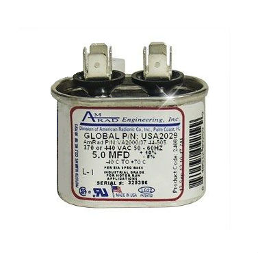 Trane CPT00072 used for 370 or 440 VAC Made in the U.S.A. Mfd Replacement Oval Universal Capacitor • AmRad USA2029 CPT-0072 • 5 uf 
